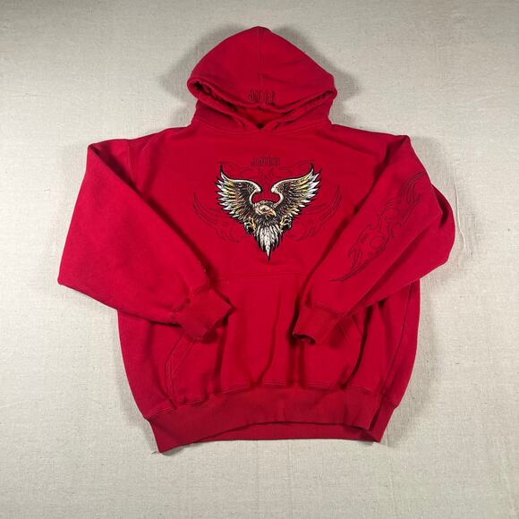 JNCO Jeans Sweatshirt Adult L Hoodie Pullover Eagle Tribal Print Vtg Y2K Red - Picture 1 of 6